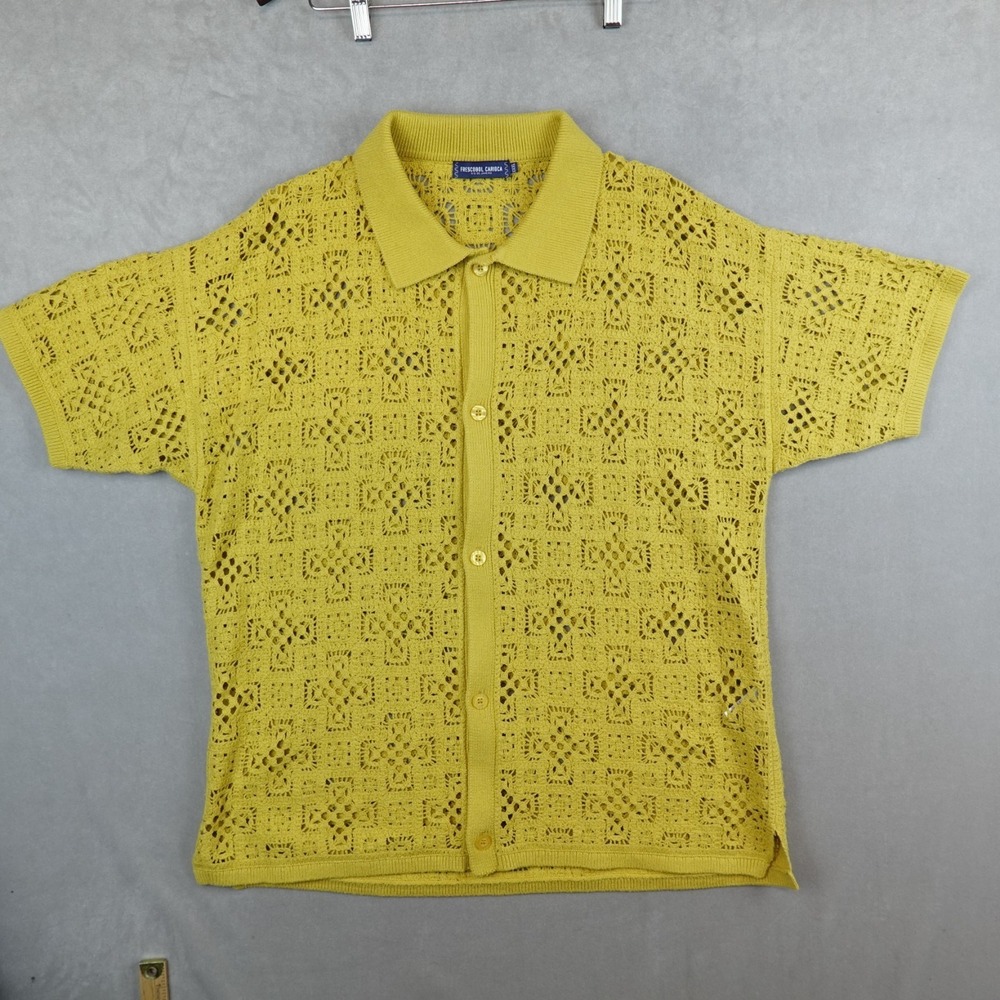 Frescobol Carioca Shirt Vibrant Mustard Mens Button Up Short Sleeve Open Knit